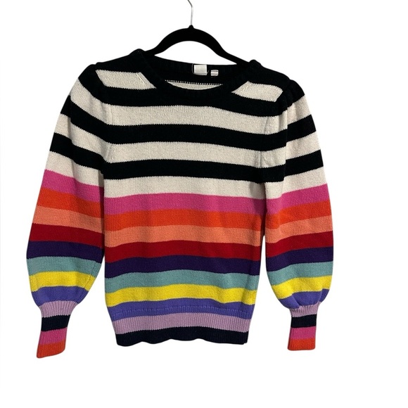 GAP Multicolor Rainbow Crew Neck Sweater Wool Blend Crazy Stripe Puff Sleeve XS - Picture 3 of 9
